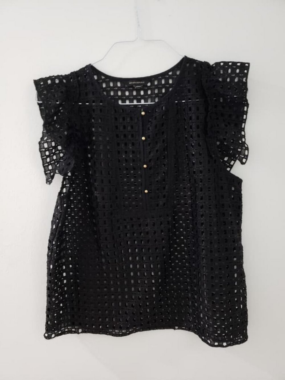 Banana Republic Size L Black Crochet Top Gold Buttons